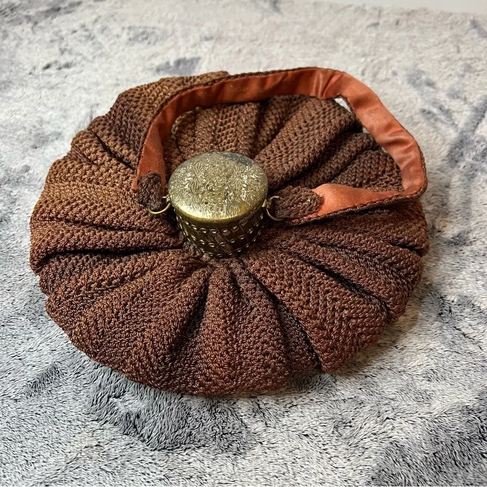 Victorian Brown Crochet Reticule Purse with Ornate Hinged Metal Lid
